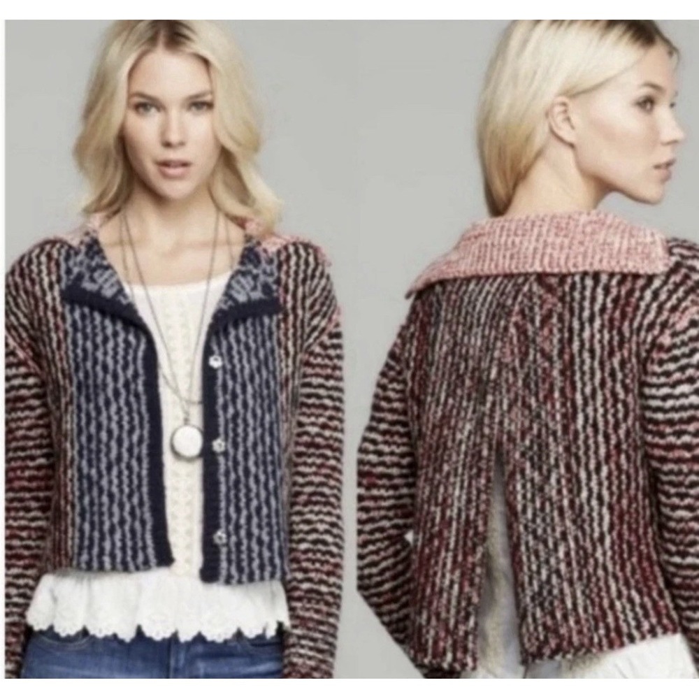 Free People Mixed Knit Wool Blend Cropped Sweater Open Back Boho Sz S 1